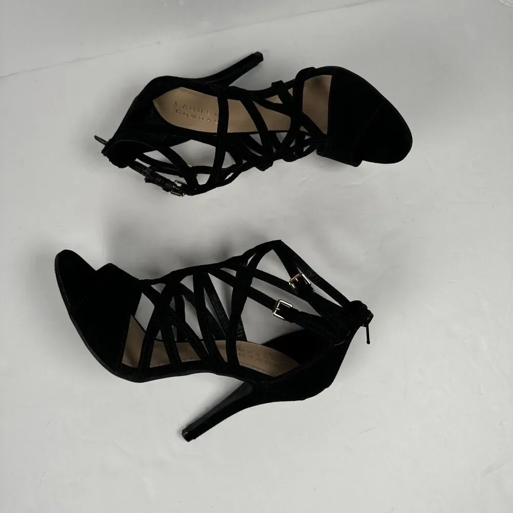 Lauren Conrad Black‎ Stappy open-toed shoes size 6.5 Stiletto Heels Back Zip